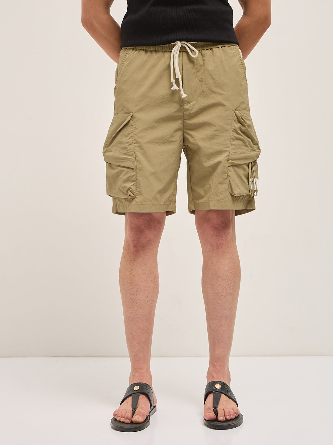 Men Beige Polyester Regular Fit Knee-Length Cargo Shorts