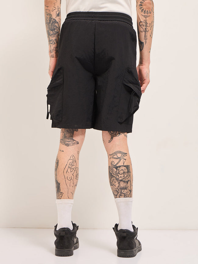 Men Black Polyester Regular Fit Knee-Length Cargo Shorts