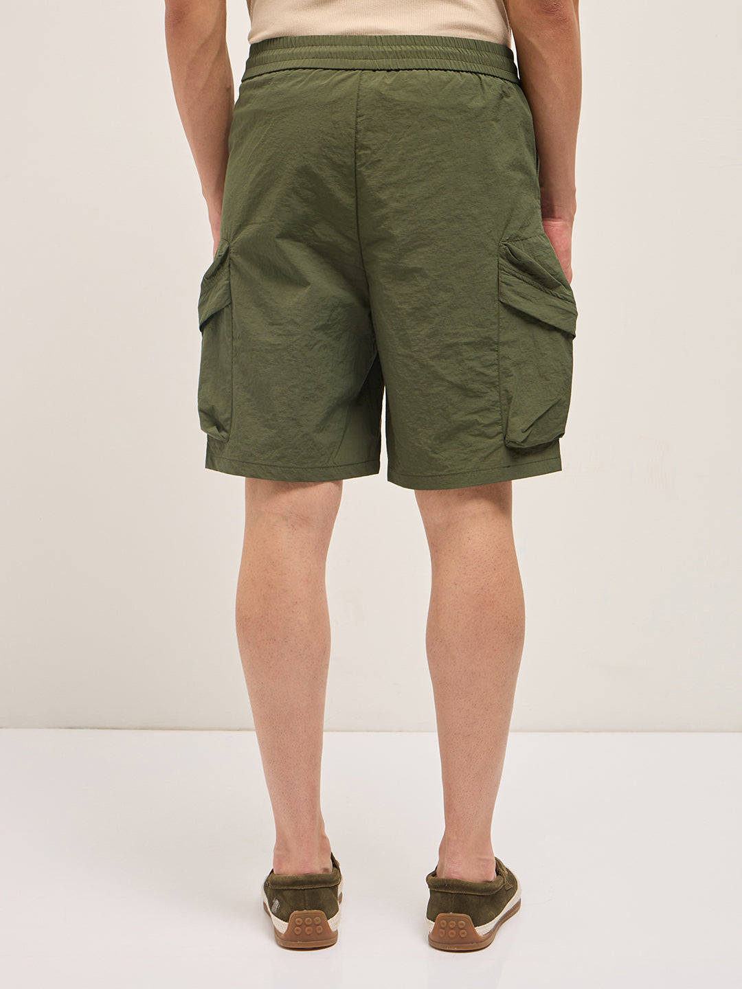 Men Green Polyester Regular Fit Knee-Length Cargo Shorts