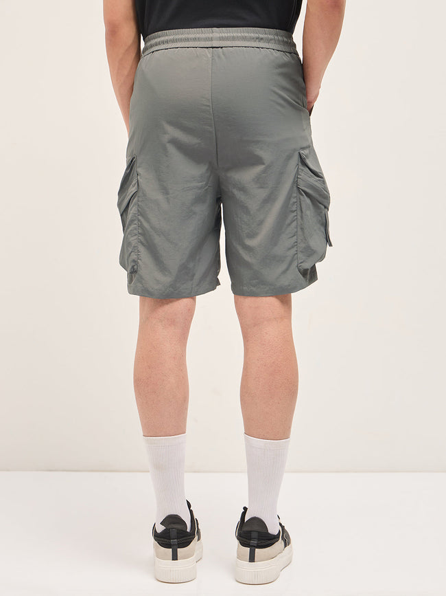 Men Grey Polyester Regular Fit Knee-Length Cargo Shorts