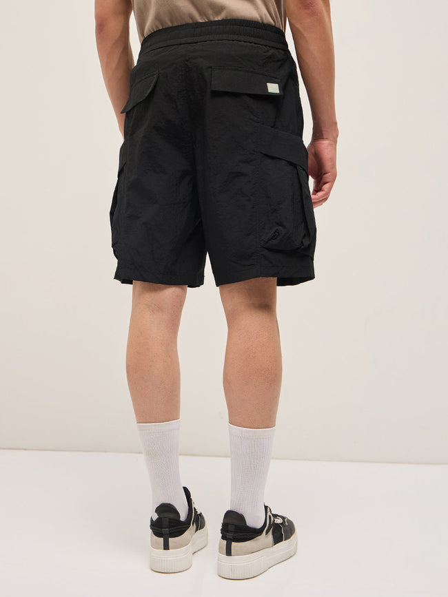 Men Black Polyester Regular Fit Knee-Length Utility Cargo Shorts