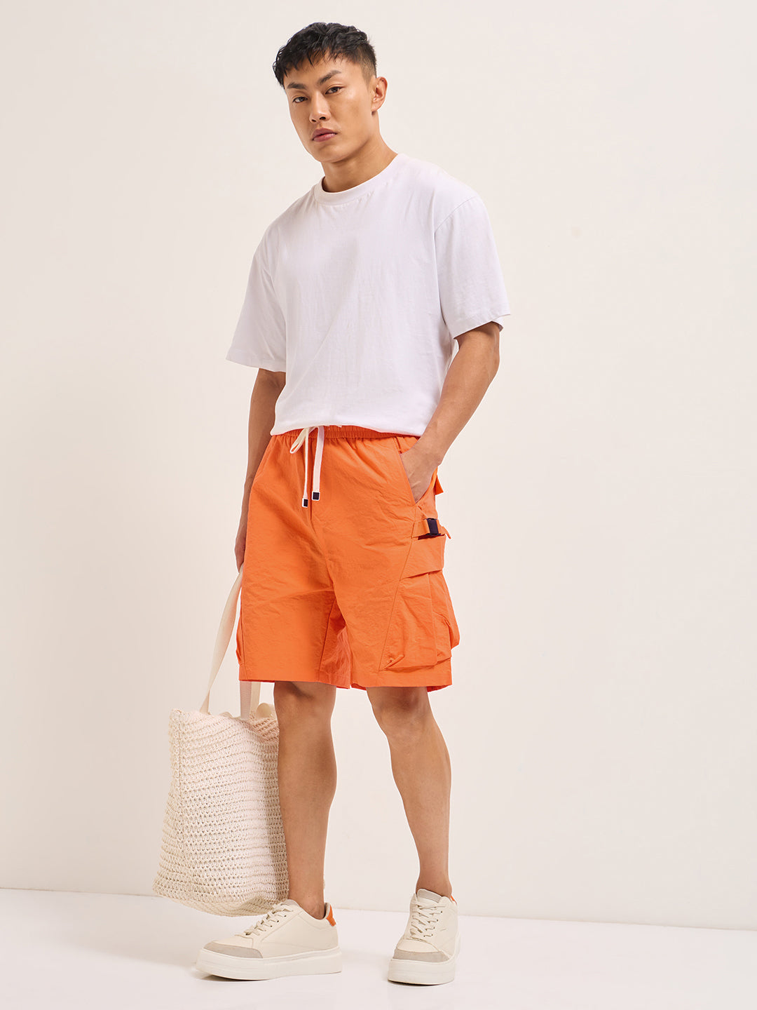 Men Orange Polyester Regular Fit Knee-Length Utility Cargo Shorts
