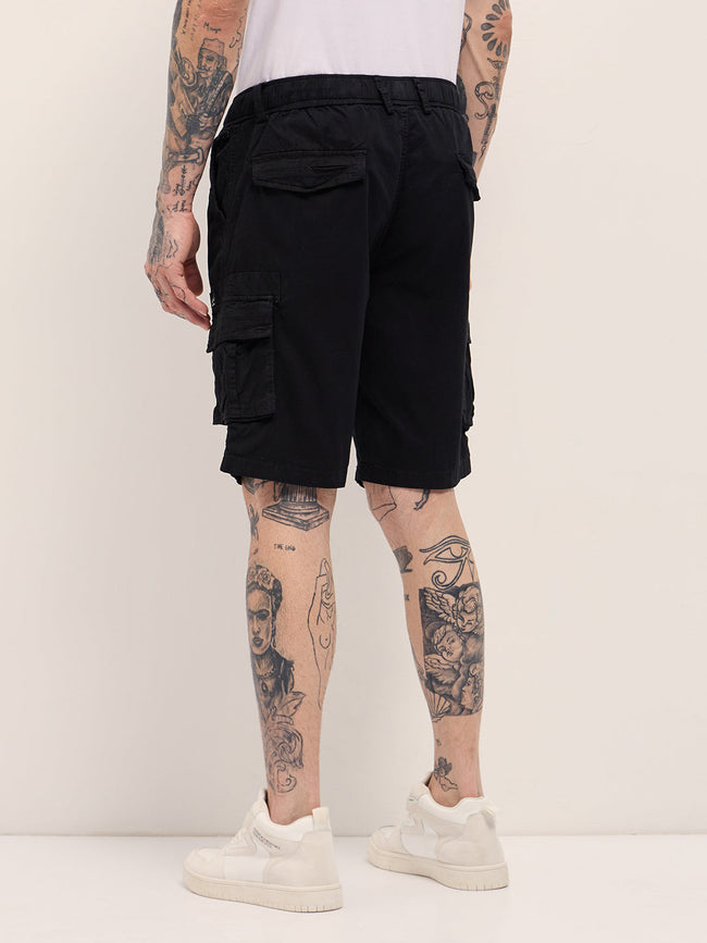 Men Black Solid Cotton Cargo Shorts