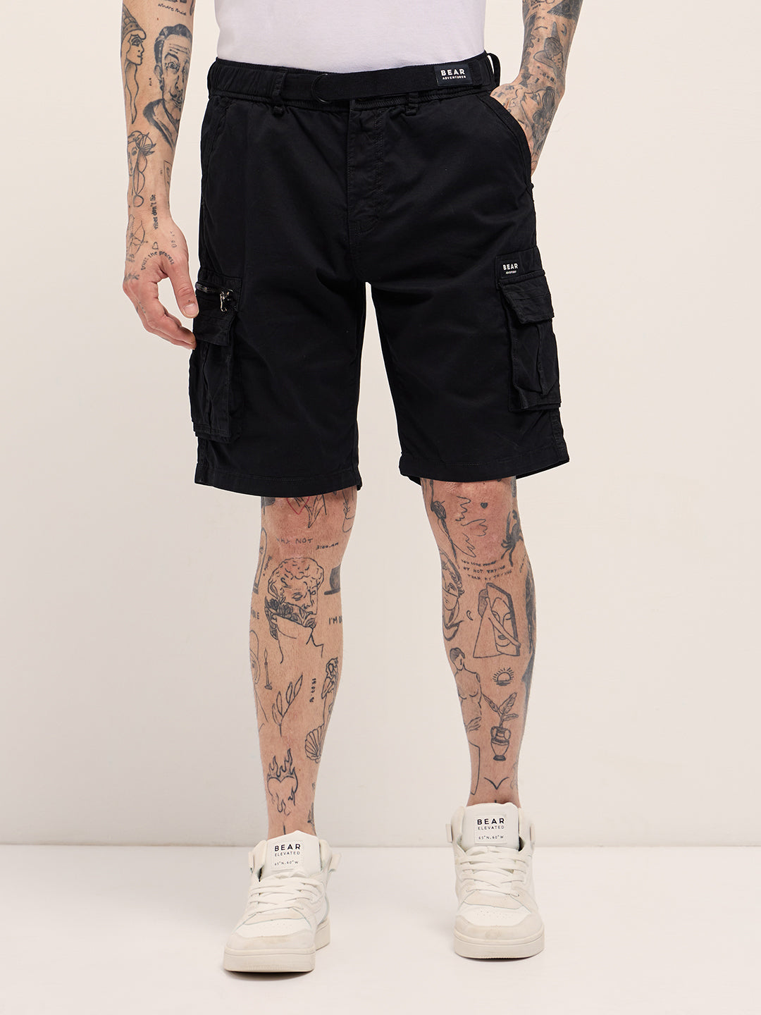 Men Black Solid Cotton Cargo Shorts