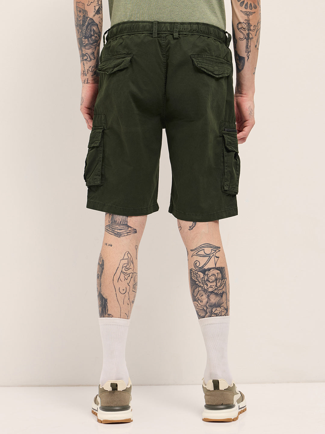 Men Green Solid Cotton Cargo Shorts