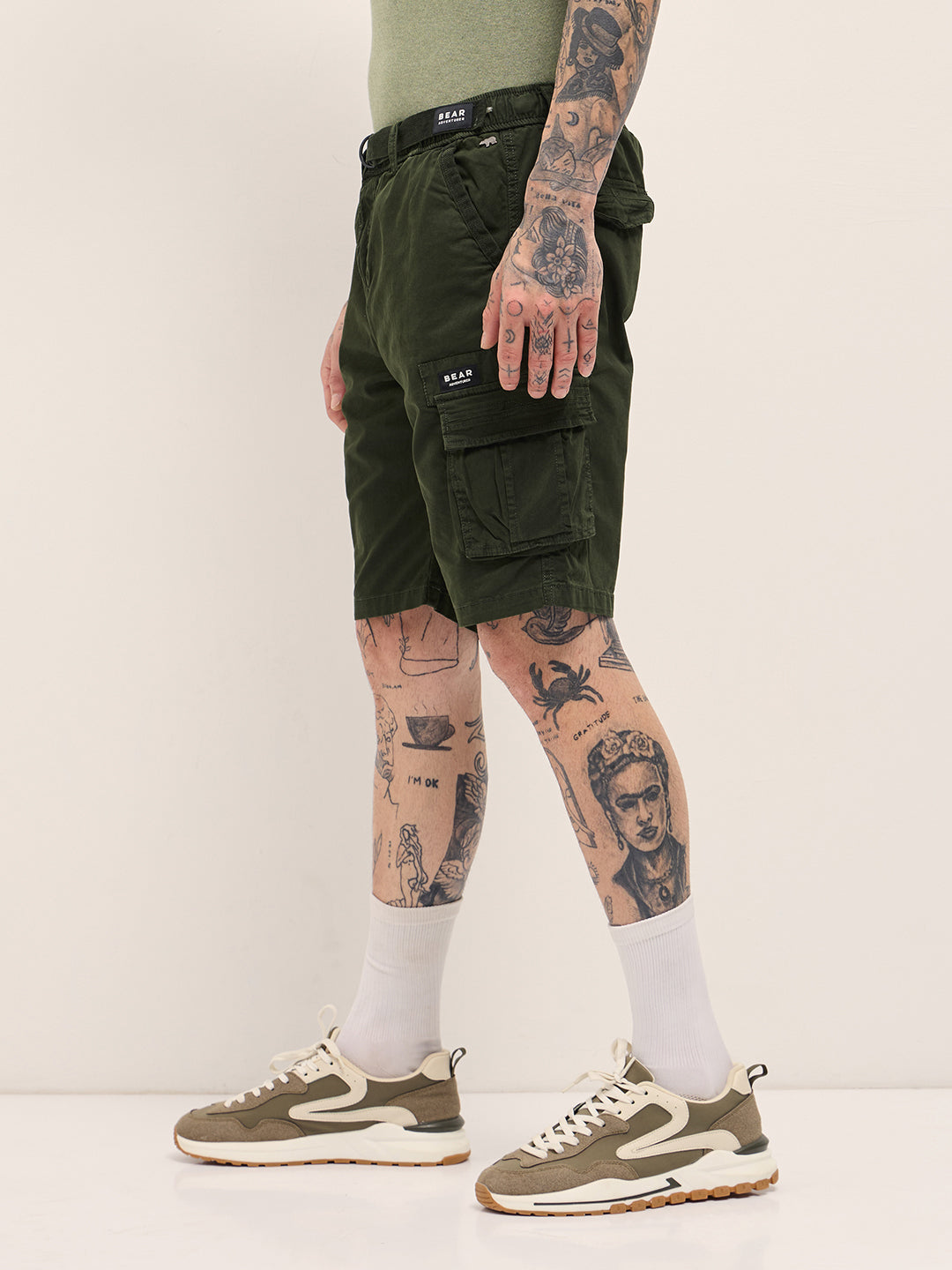 Men Green Solid Cotton Cargo Shorts