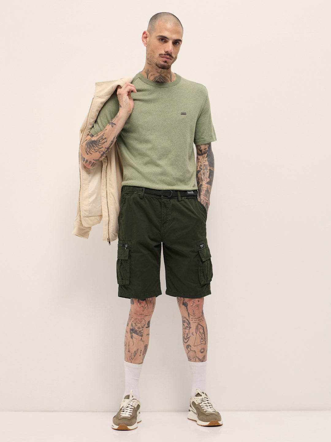 Men Green Solid Cotton Cargo Shorts