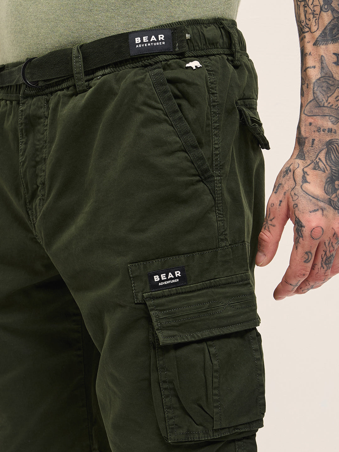 Men Green Solid Cotton Cargo Shorts