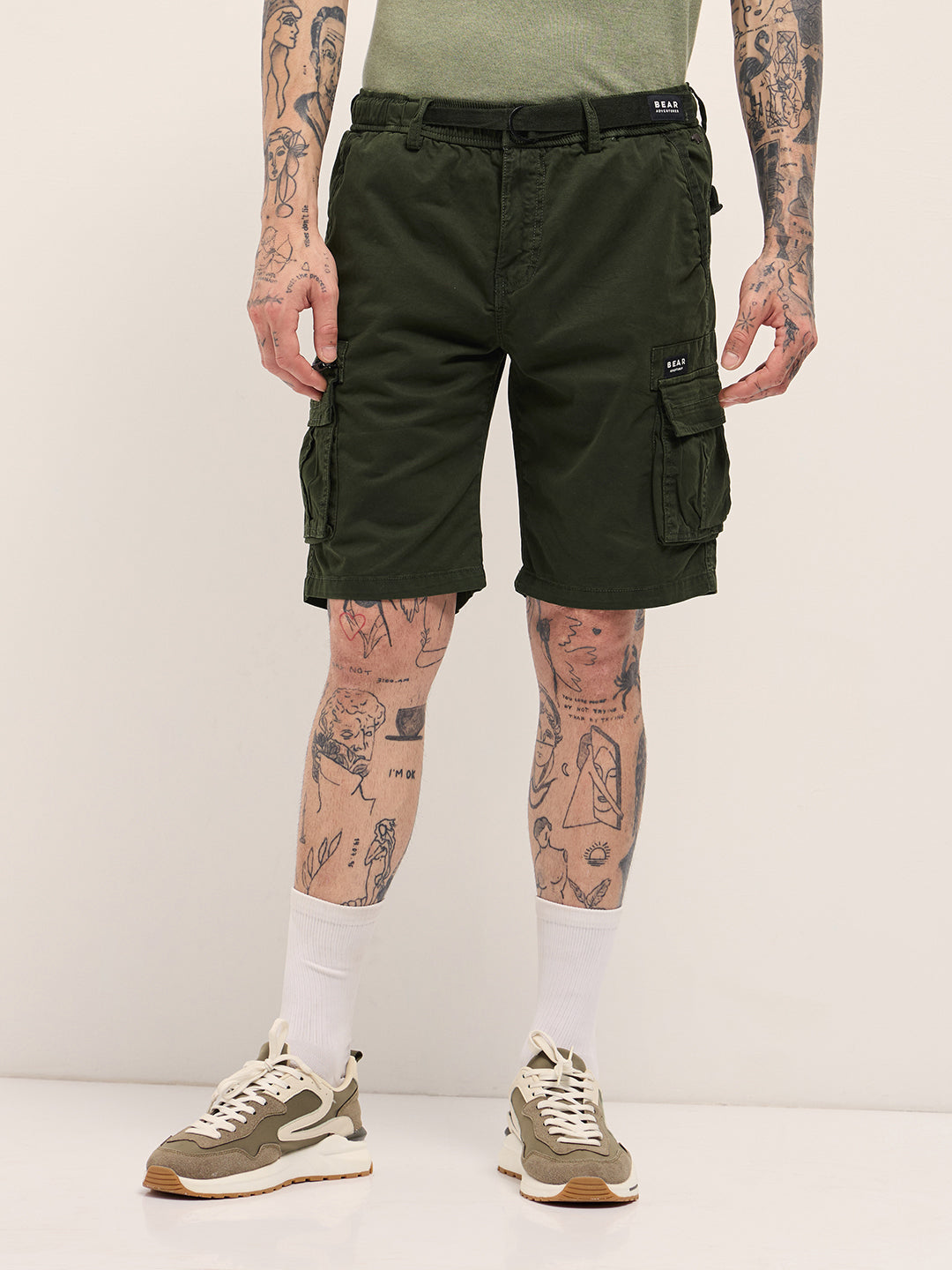 Men Green Solid Cotton Cargo Shorts