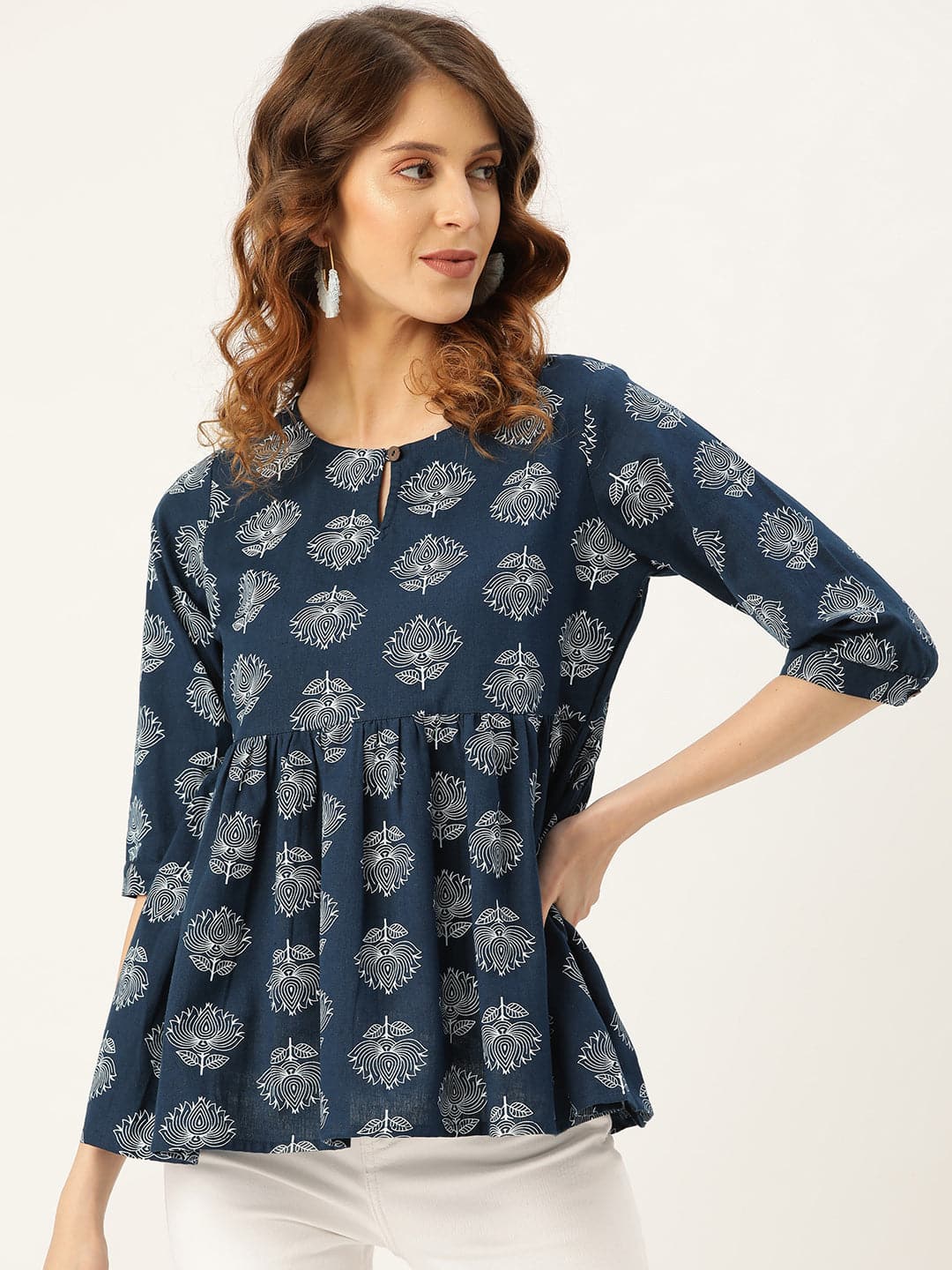 Navy Lotus Print Peplum Top