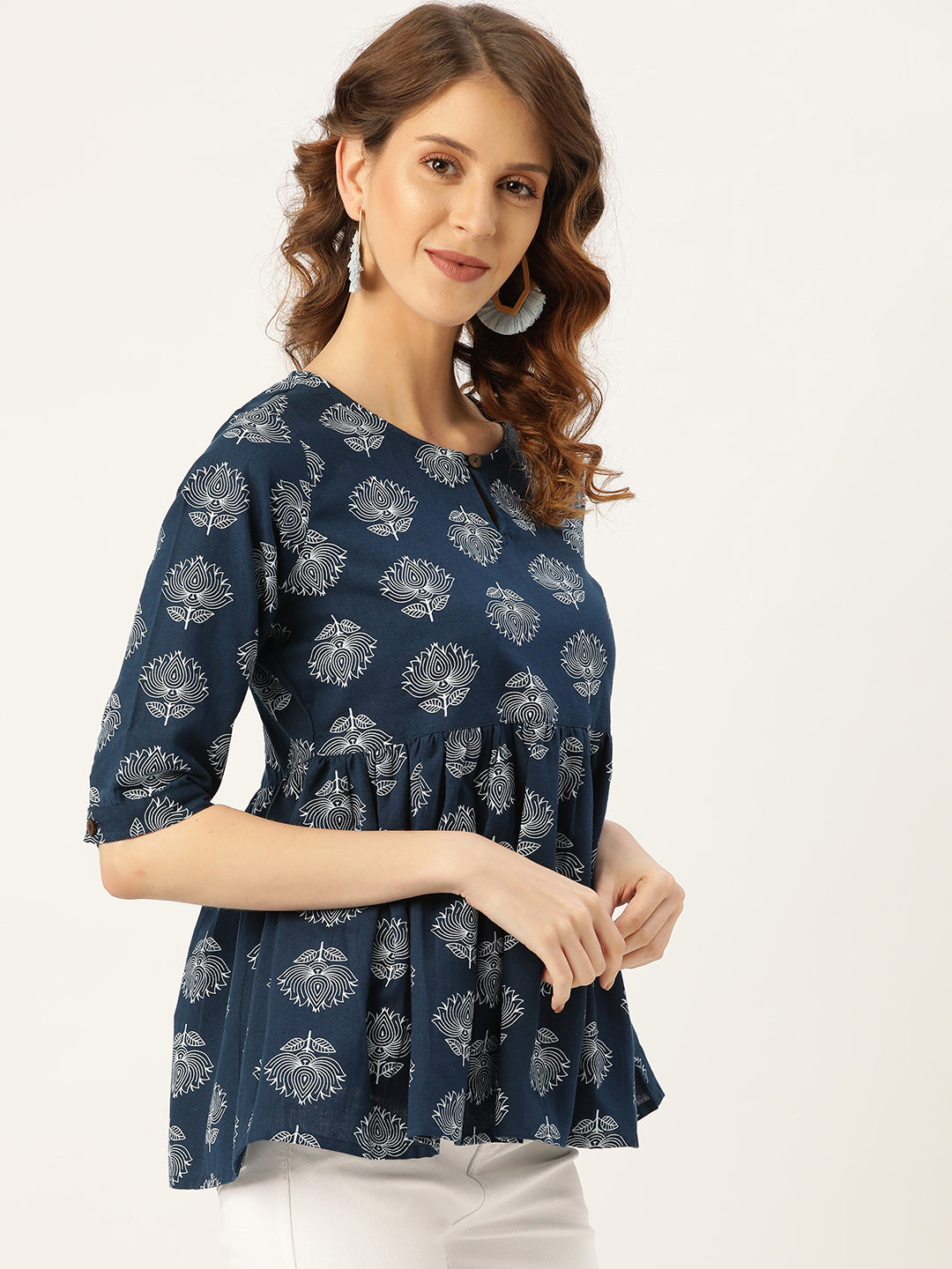 Navy Lotus Print Peplum Top