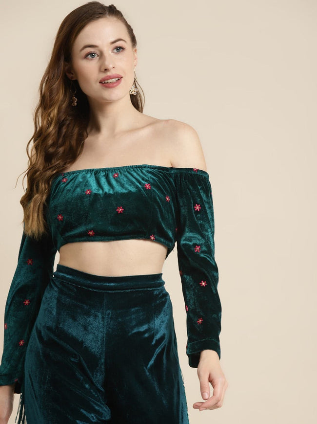 Women Teal Off Shoulder Velvet Embroidered Crop Top