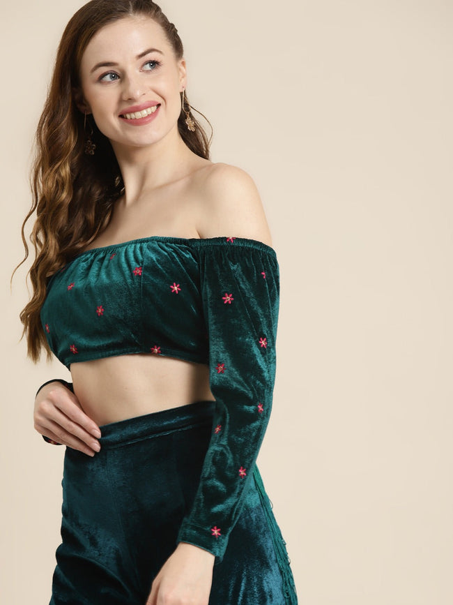 Women Teal Off Shoulder Velvet Embroidered Crop Top