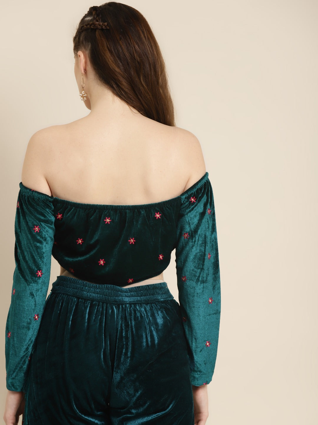 Women Teal Off Shoulder Velvet Embroidered Crop Top