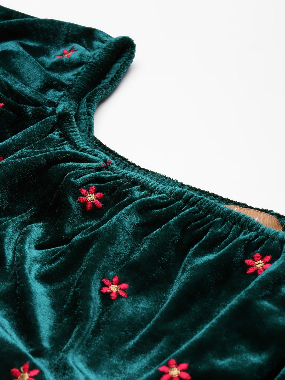 Women Teal Off Shoulder Velvet Embroidered Crop Top