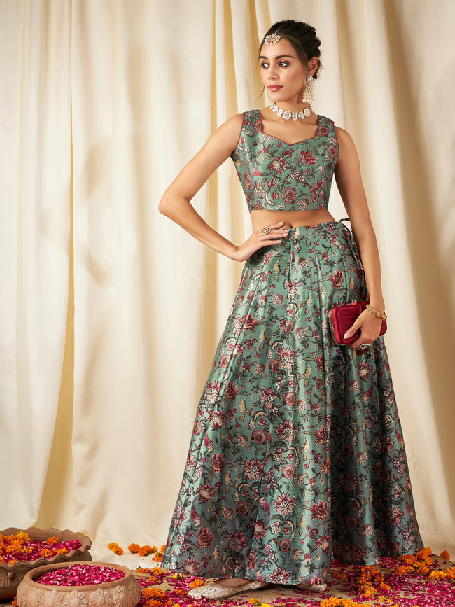 Olive Floral Sweetheart Neck Crop Top