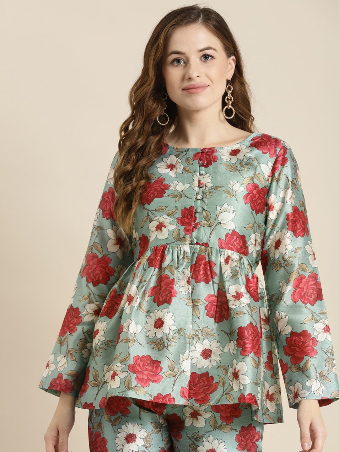 Women Sea Green Floral Front Button Top