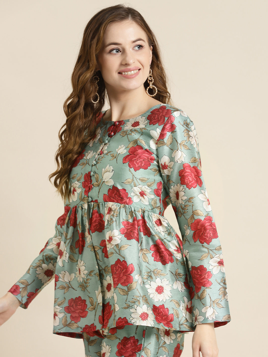 Women Sea Green Floral Front Button Top
