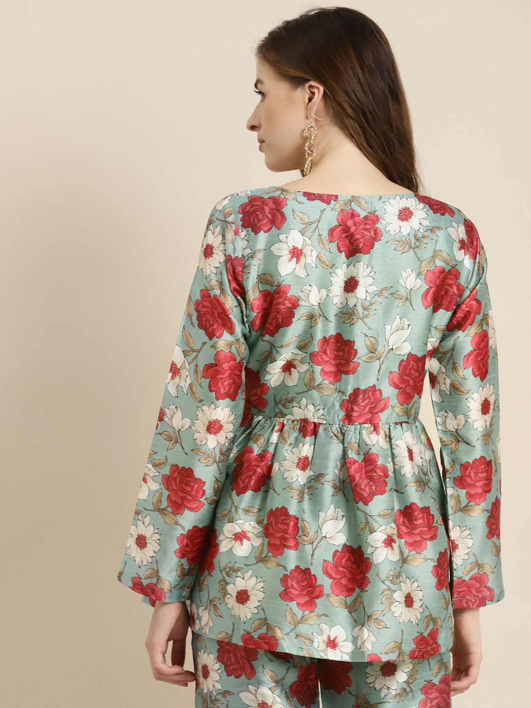 Women Sea Green Floral Front Button Top