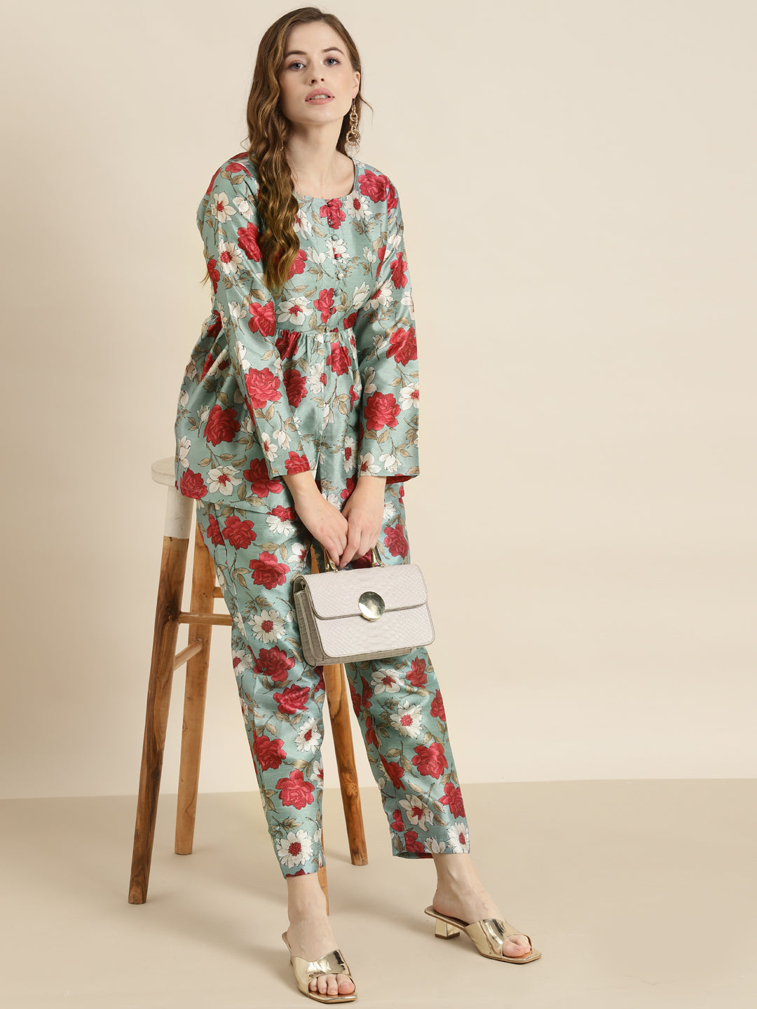 Women Sea Green Floral Front Button Top