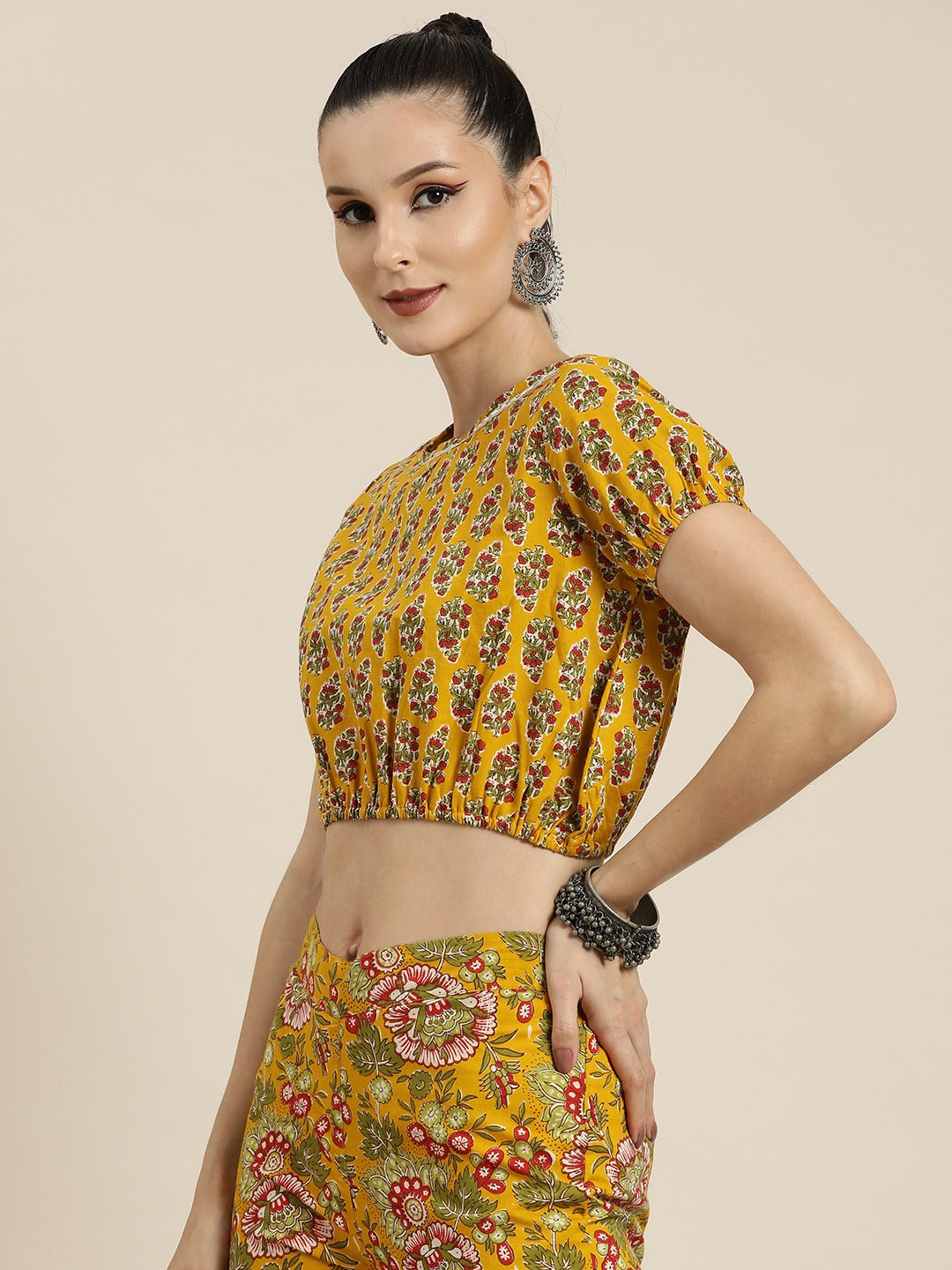 Women Mustard Booti Floral Crop Top