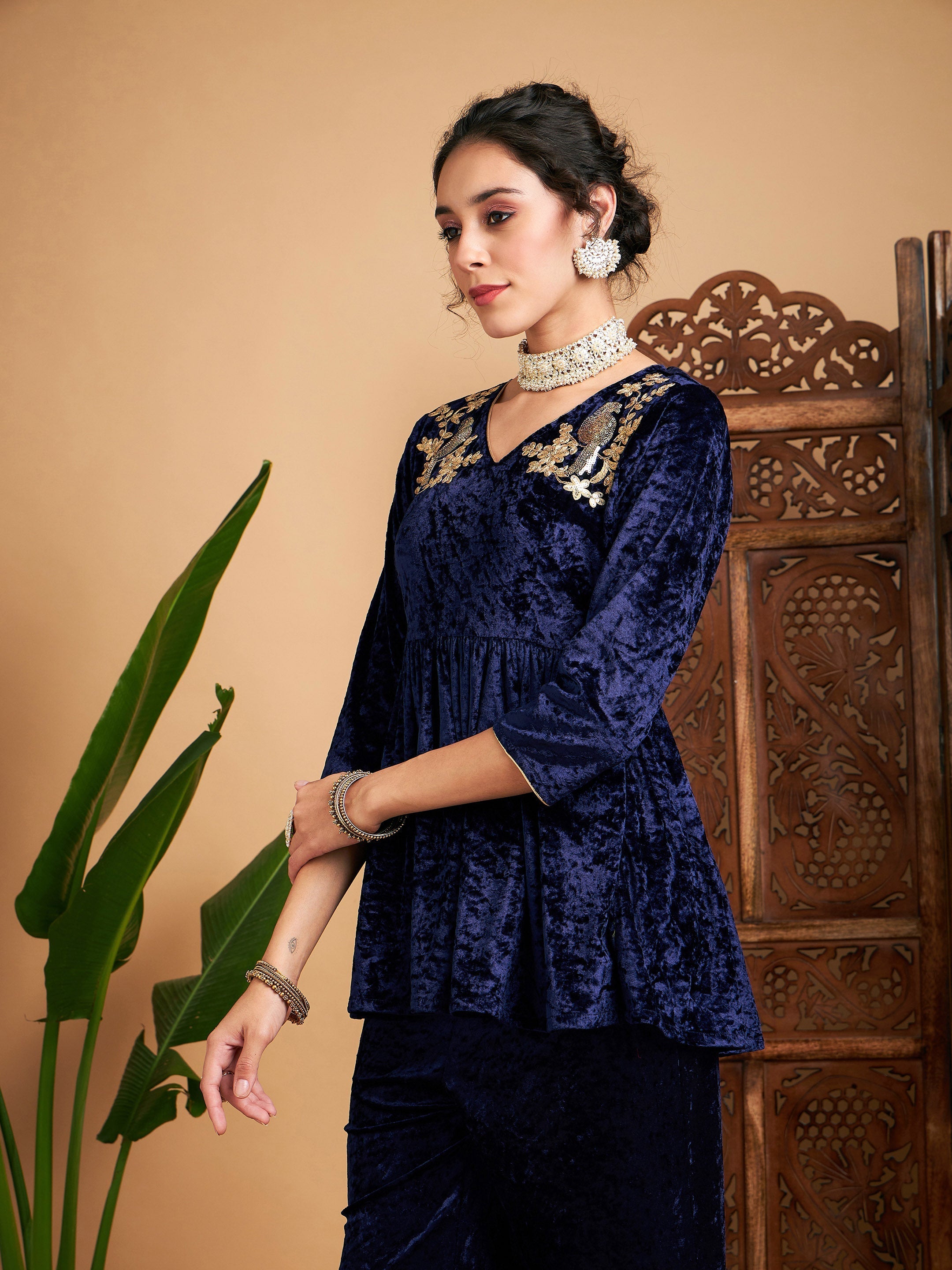 Women Navy Blue Velvet Embroidered Peplum Top