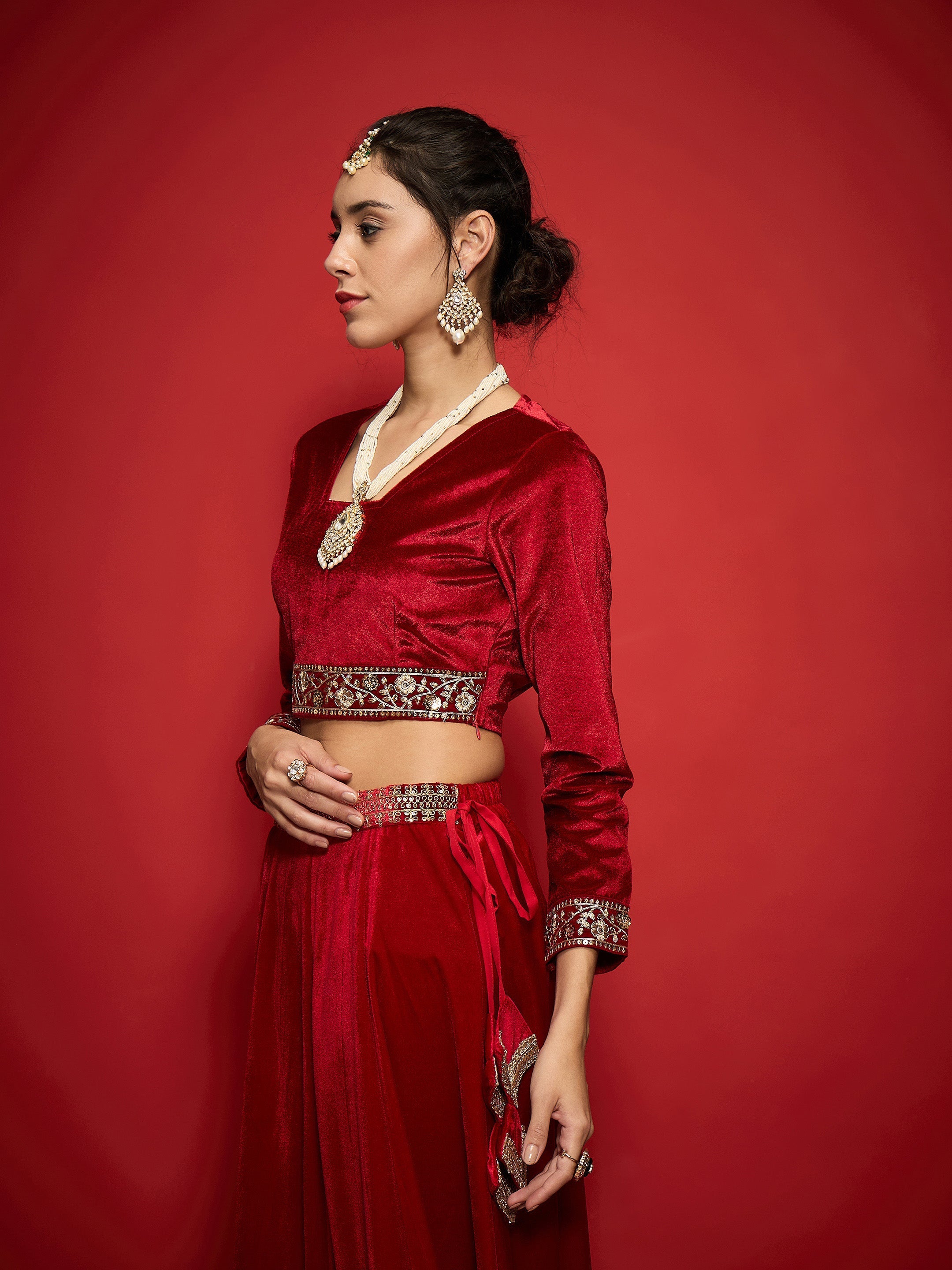 Women Red Velvet Square Neck Crop Top