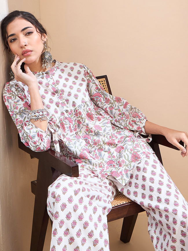 Women White Floral Sleeve Knot Buttonned Kurti