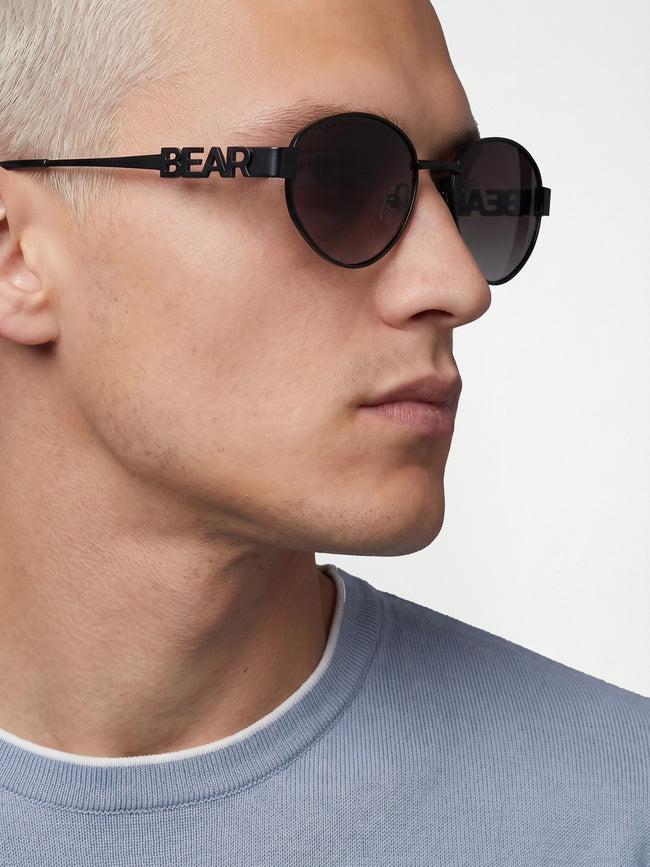Men Black-Toned Round Metal Sunglasses with Brown Gradient-Tinted Lenses and BEAR Branding