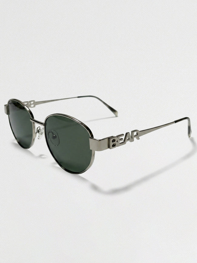 Men Silver-Toned Round Metal Sunglasses with Olive Lenses & BEAR Branding