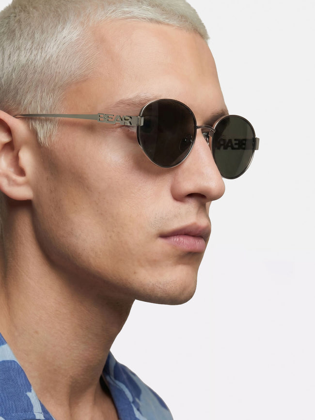 Men Silver-Toned Round Metal Sunglasses with Olive Lenses & BEAR Branding