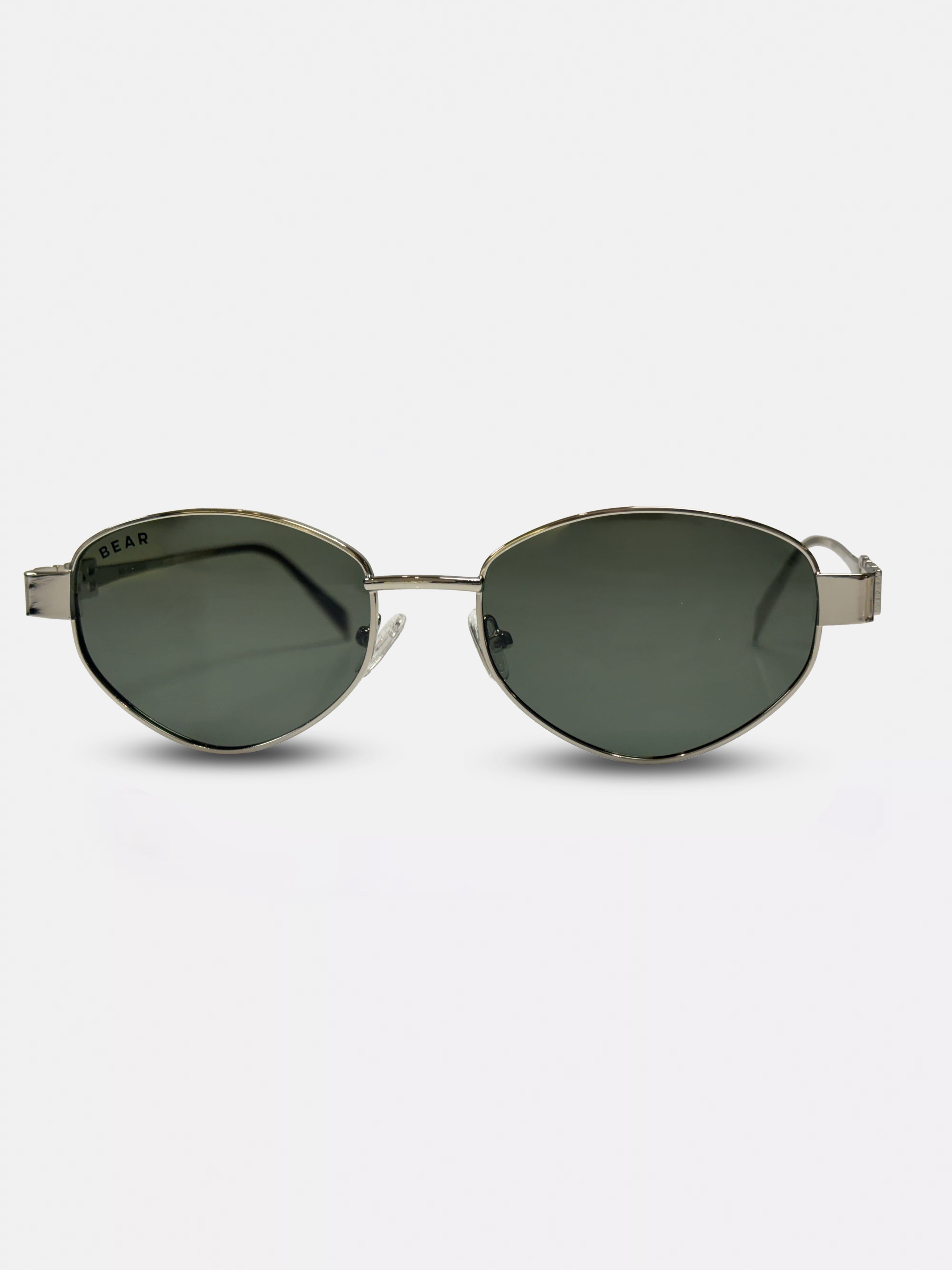 Men Silver-Toned Round Metal Sunglasses with Olive Lenses & BEAR Branding