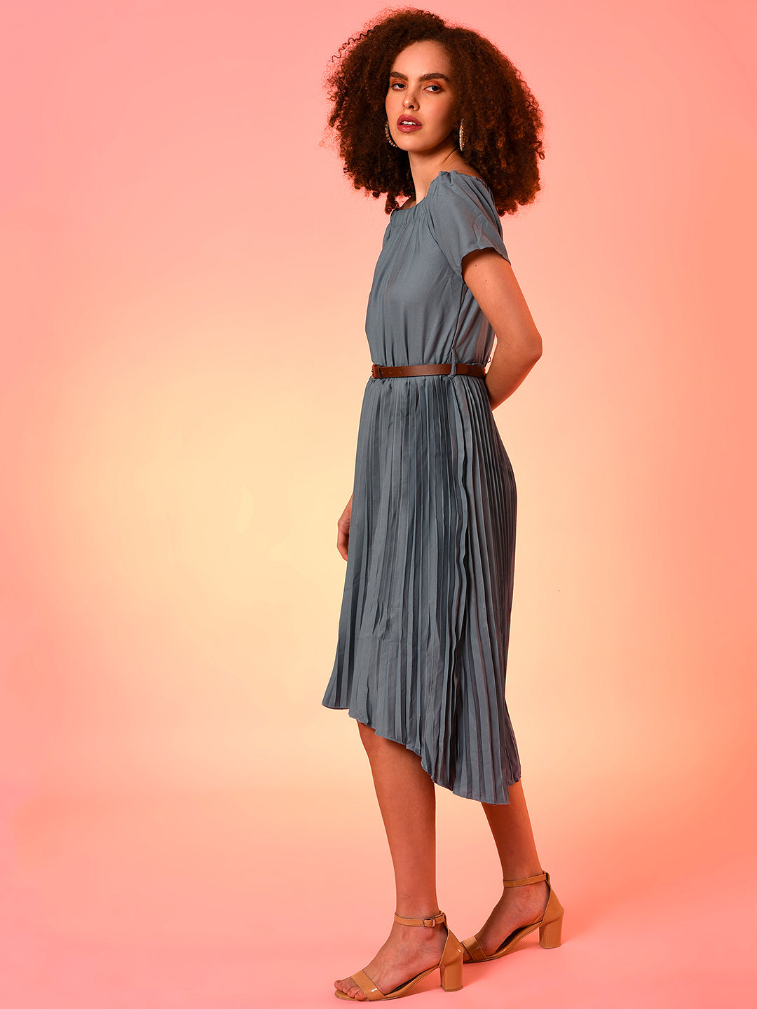 Women Blue Pleated Midi Dress