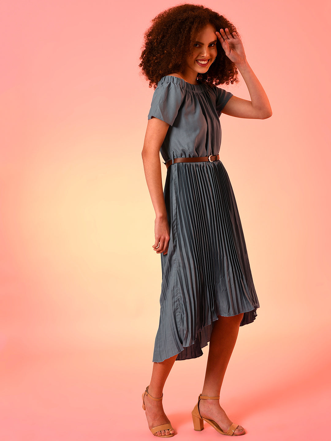 Women Blue Pleated Midi Dress