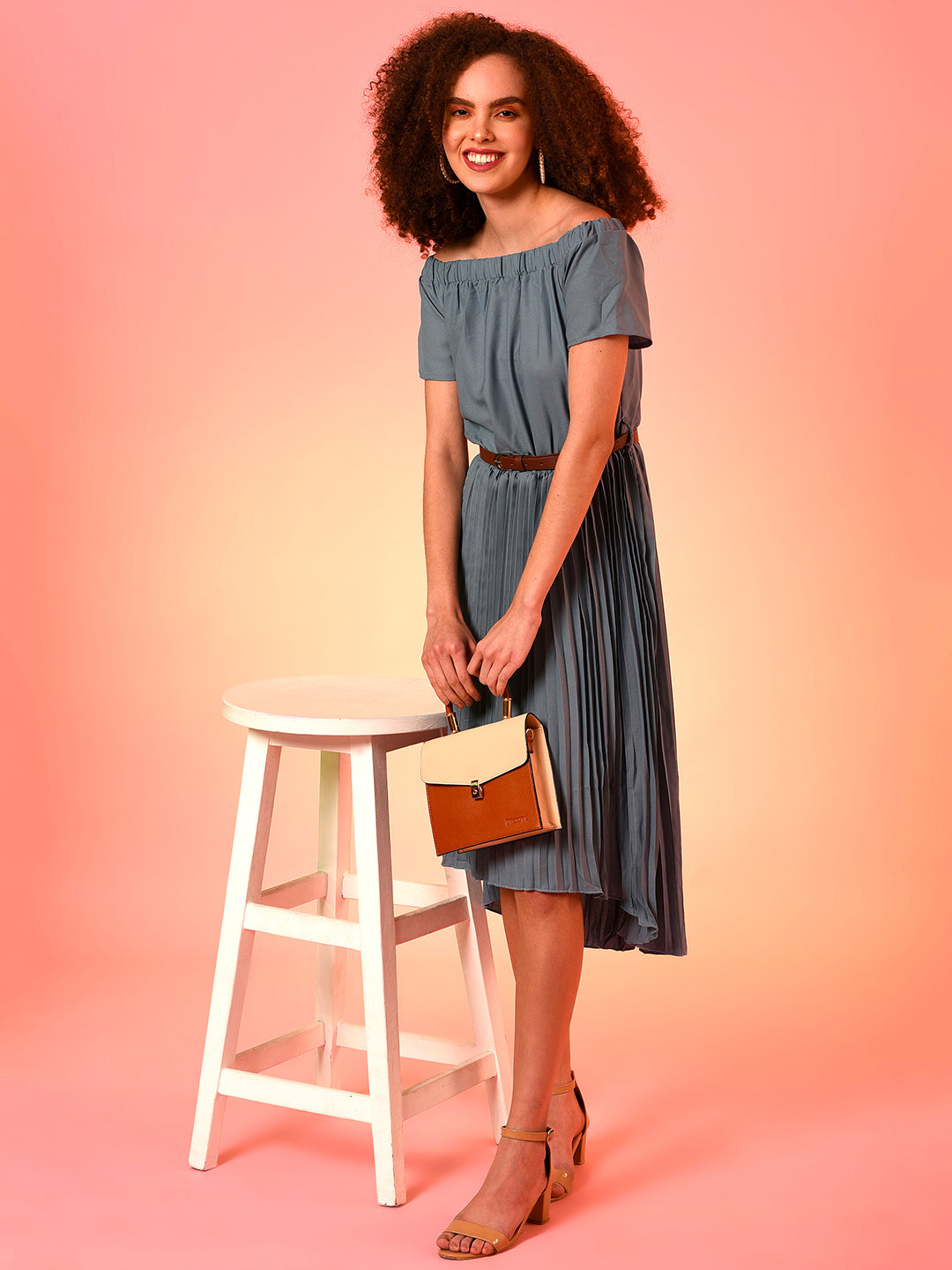 Women Blue Pleated Midi Dress