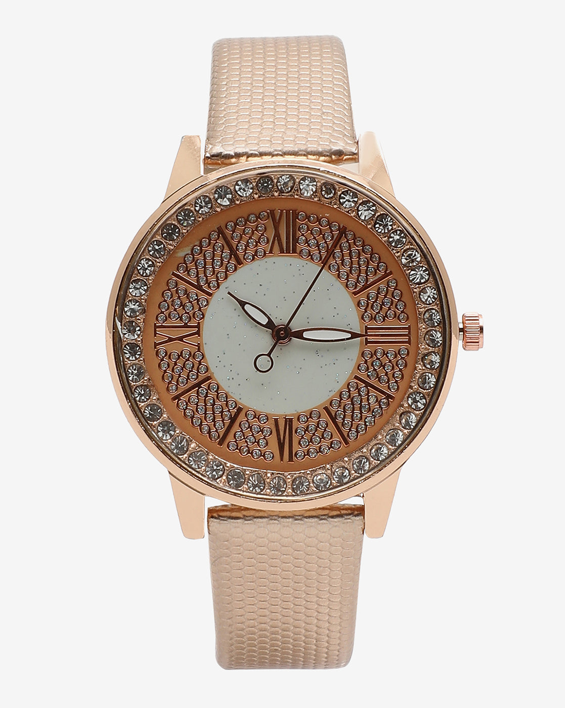 Crystal Stone Analog Round Dial With Gold Textured Leather Strap
