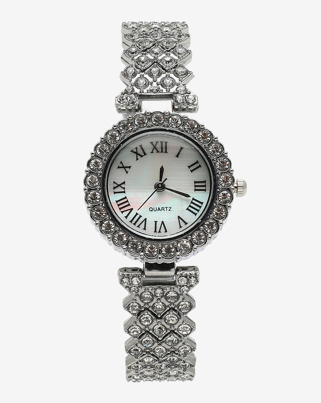 Analog Round Dial With Silver Crystal Stone Metal Strap