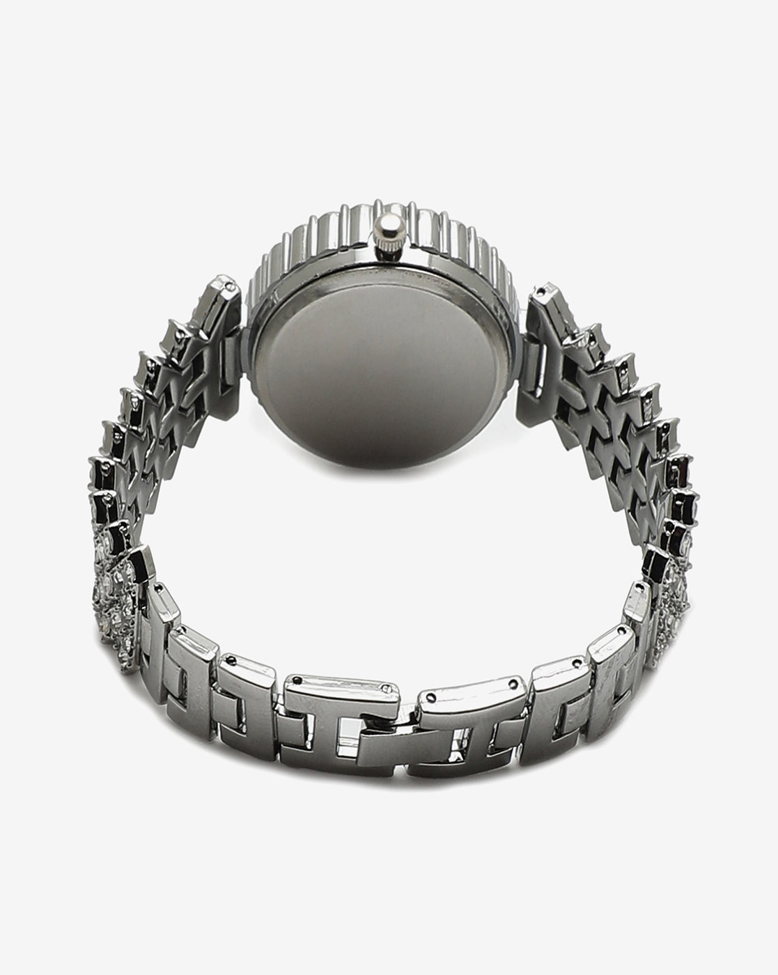 Analog Round Dial With Silver Crystal Stone Metal Strap