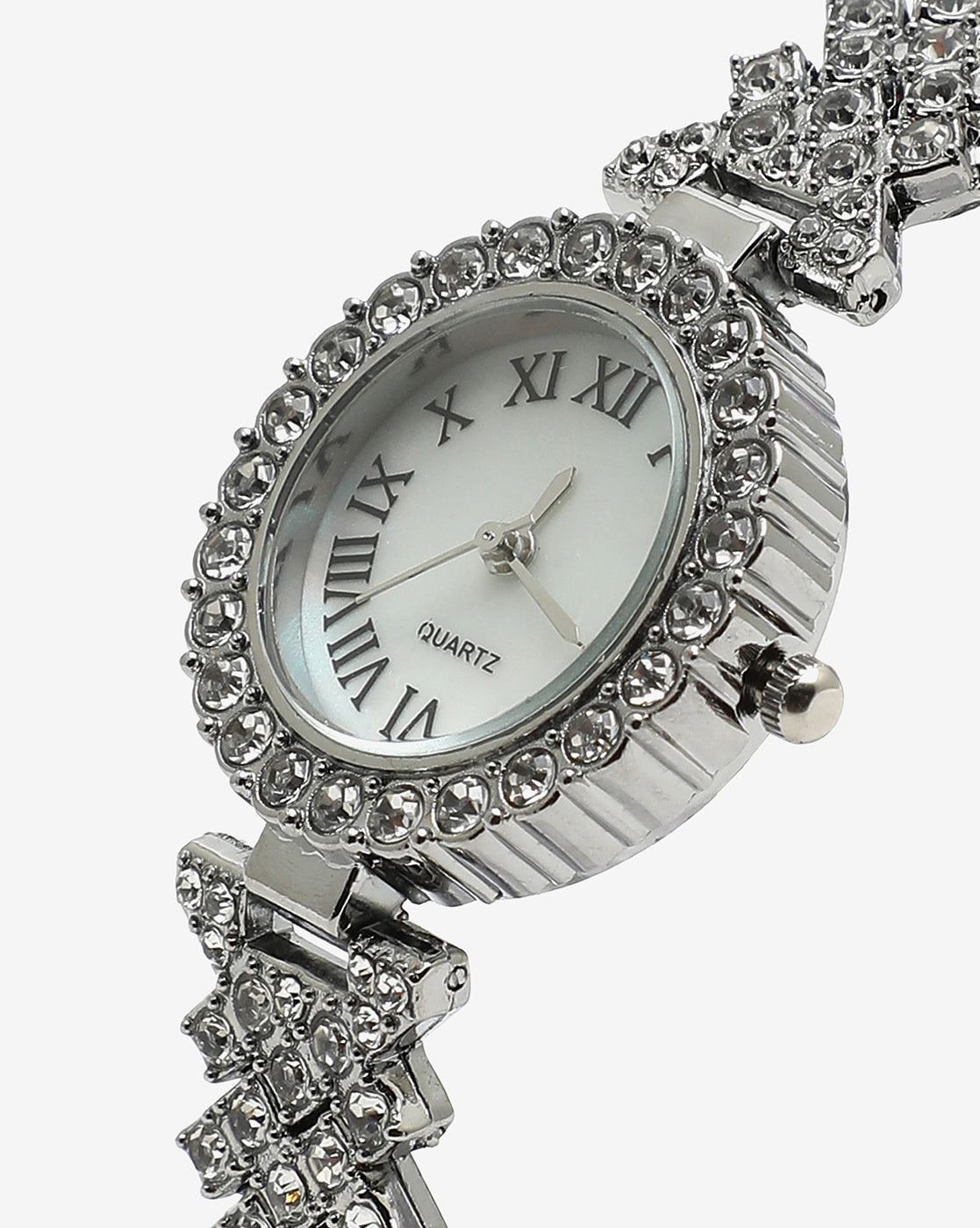 Analog Round Dial With Silver Crystal Stone Metal Strap