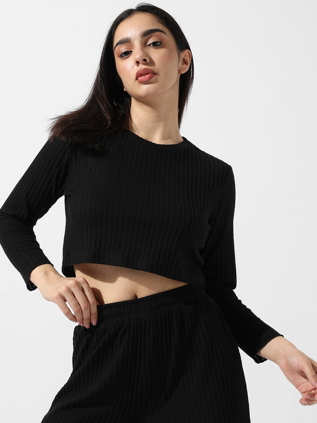 Women Black Ribbed Co-Ord Set