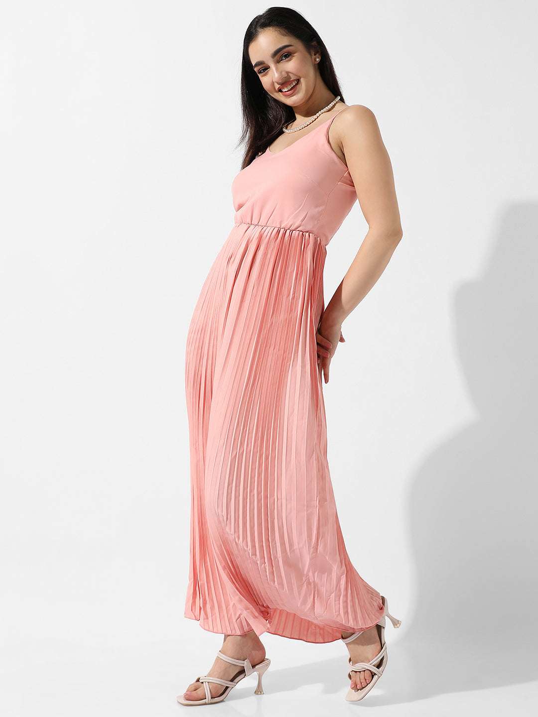 Women Pink Pleated Maxi Dress