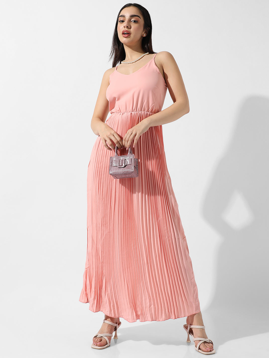 Women Pink Pleated Maxi Dress
