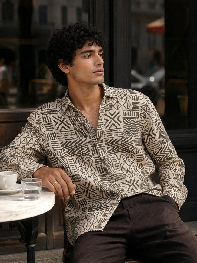 Men Beige Tribal Printed Cotton Shirt