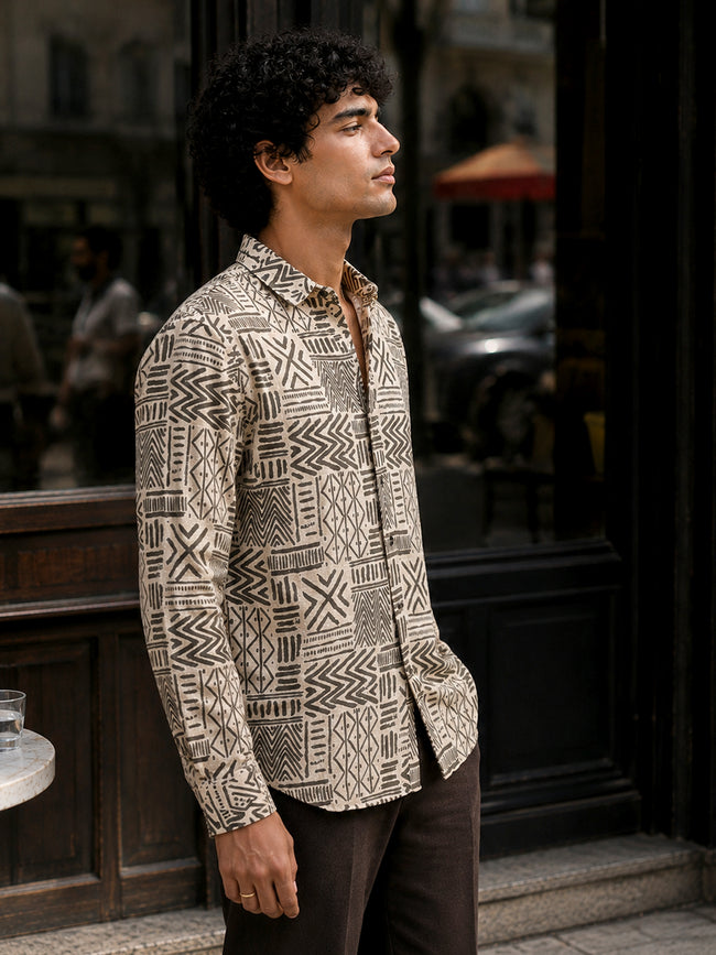 Men Beige Tribal Printed Cotton Shirt