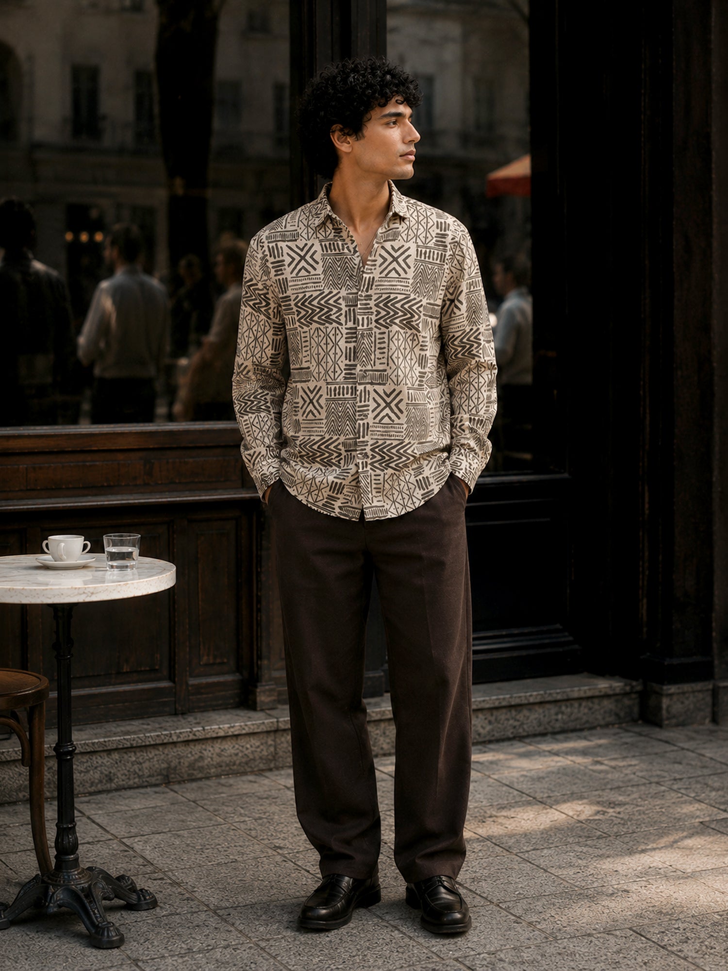 Men Beige Tribal Printed Cotton Shirt