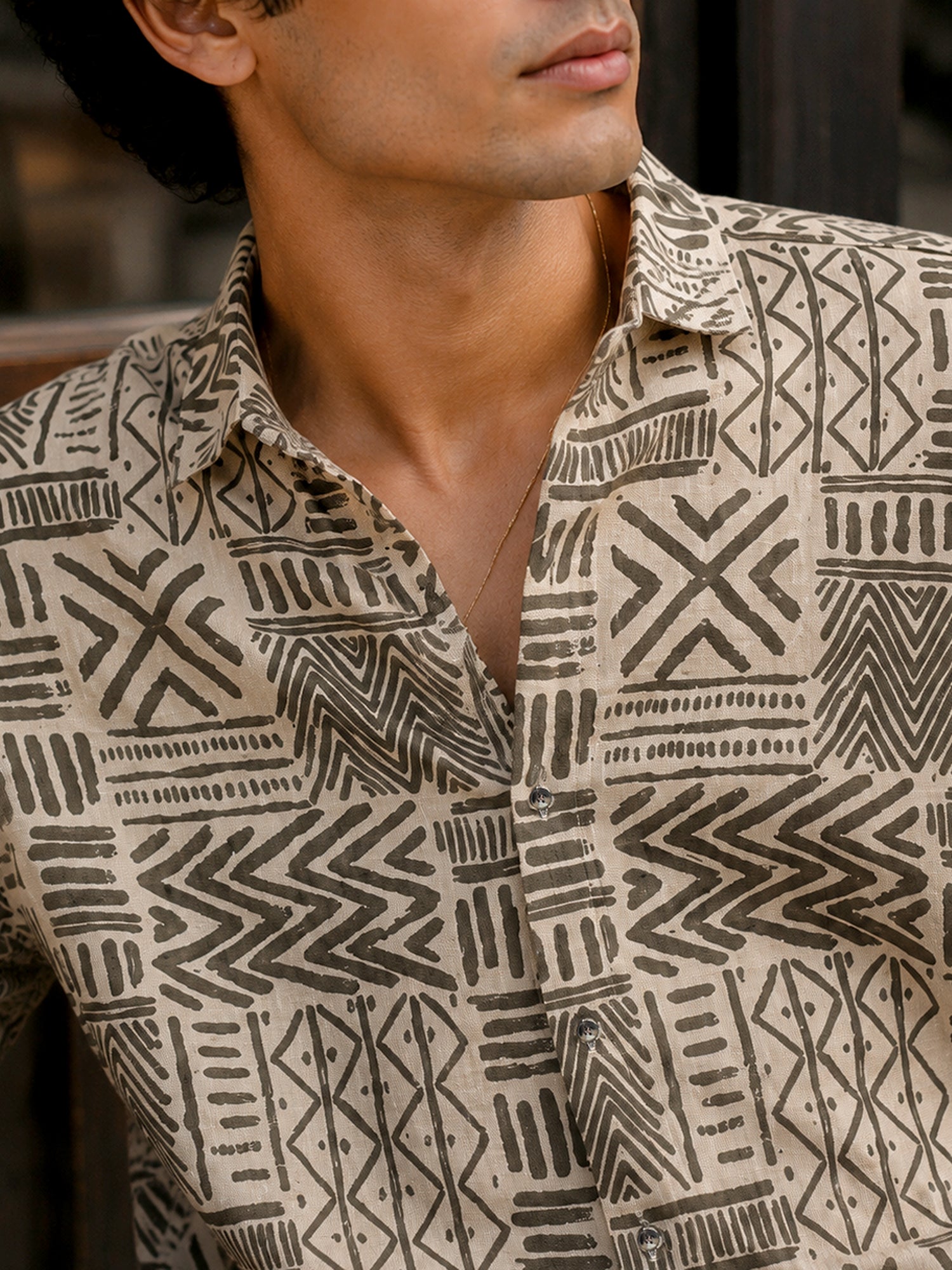 Men Beige Tribal Printed Cotton Shirt