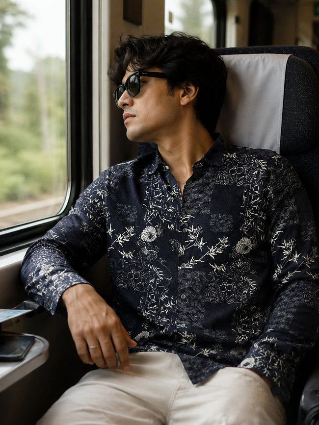 Men Navy Floral Printed Cotton Shirt
