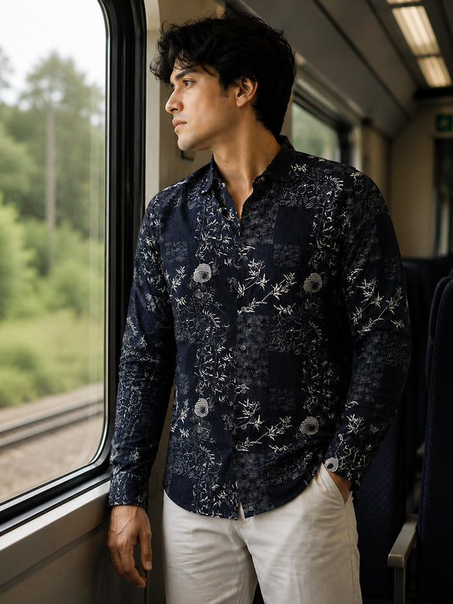 Men Navy Floral Printed Cotton Shirt