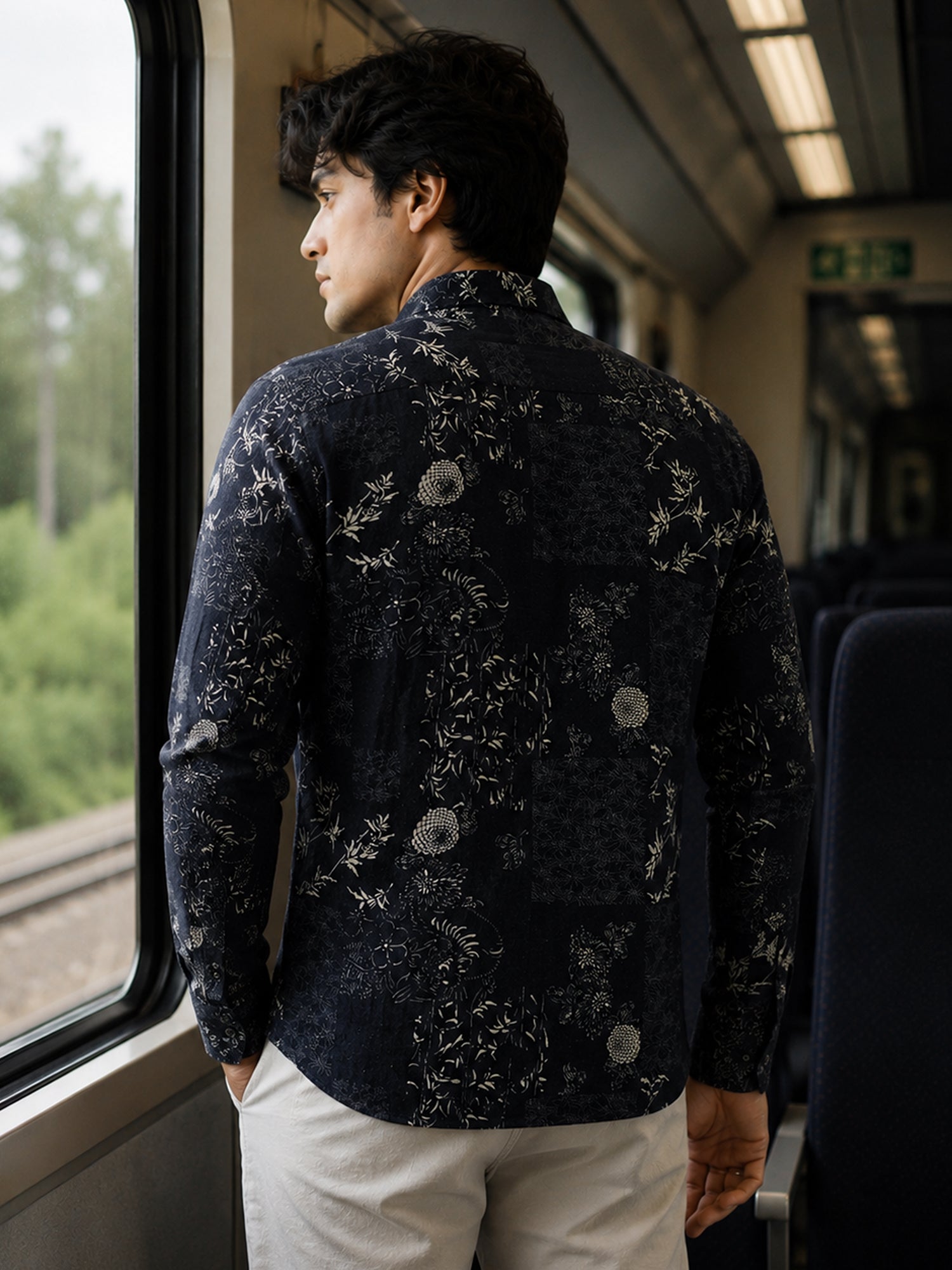 Men Navy Floral Printed Cotton Shirt