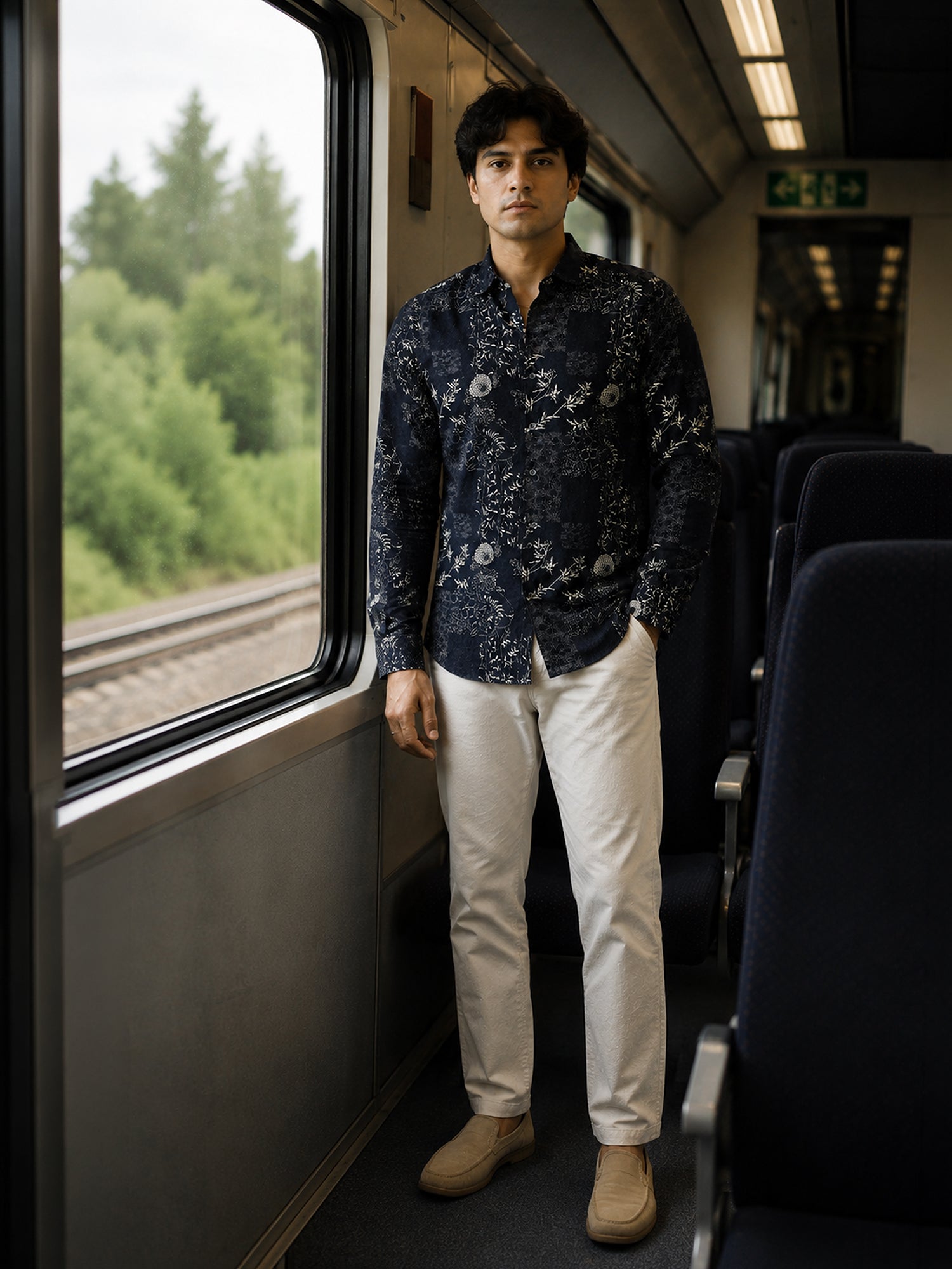 Men Navy Floral Printed Cotton Shirt